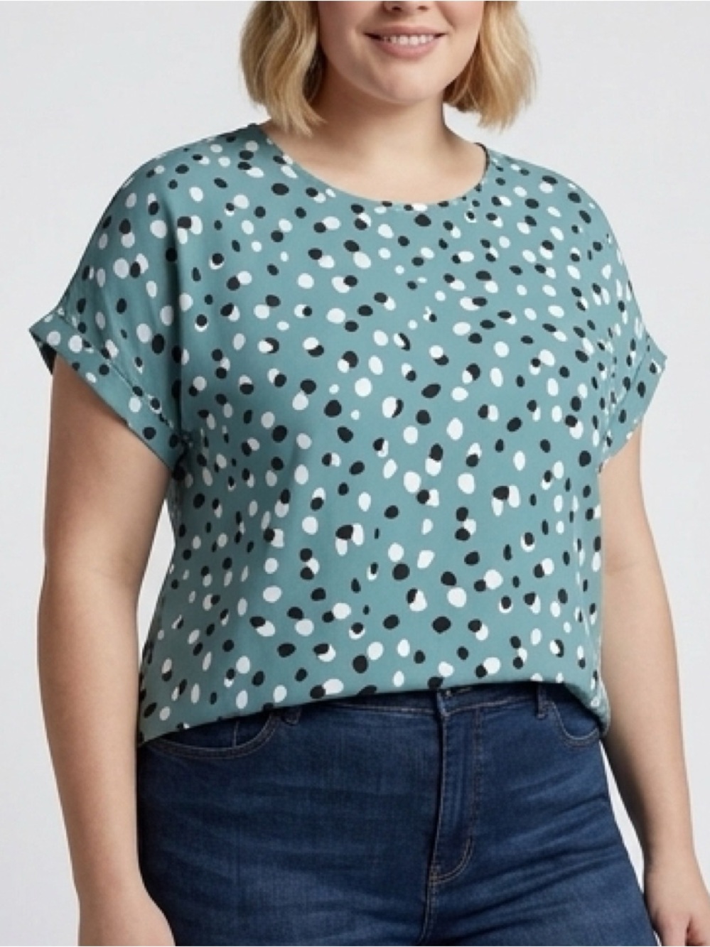 Abstract Polka Dot Short Sleeve Blouse XXL Teal Blue & White